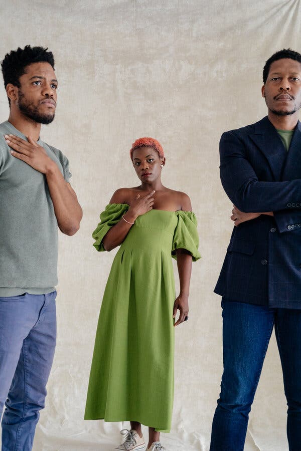 Antoinette Chinonye Nwandu, the author of “Pass Over,” with two of the play’s actors, Jon Michael Hill, left, and Namir Smallwood. The play is the first production to begin performances on Broadway since the shutdown.