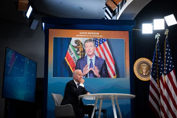 President Biden listened as Gov. Gavin Newsom of California spoke during a virtual meeting about wildfire prevention, preparedness and response efforts in July.