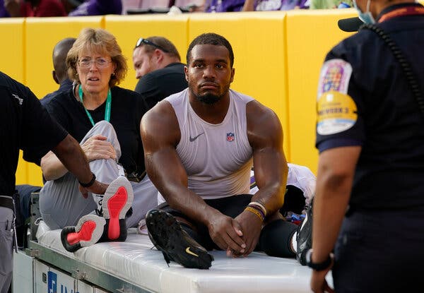 Baltimore Ravens running back J.K. Dobbins was carted off the field after tearing his A.C.L. in a preseason game against the Washington Football Team.