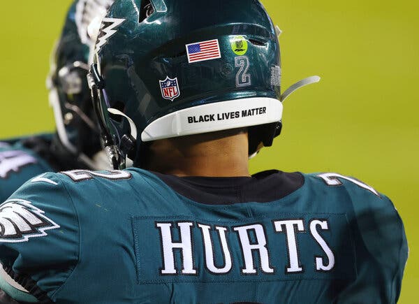 Eagles quarterback Jalen Hurts wore a helmet decal that read “Black Lives Matter,” one of six league-approved social justice messages, in a game last season.
