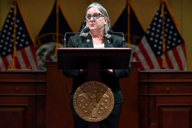 Rep. Susan Wild, D-Pa, speaks as members of Congress share recollections of the Jan. 6, 2021, assault on the U.S. Capitol on the one year anniversary of the attack Thursday, Jan. 6, 2022. (Mandel Ngan/Pool via AP) ORG XMIT: WX453