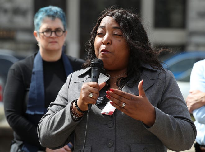 Shameka Parrish-Wright speaks during a rally and press conference at Jefferson Square Park. The Community Stakeholders to End Deaths at LMDC held the event to call attention to the eight jail deaths in recent months. Weitherspoon's mother, Stephanie Dunbar died by suicide in the jail on December 4, 2021