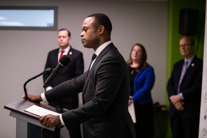 Kentucky attorney general Daniel Cameron spoke about wanting to strengthen efforts to prevent child abuse and protect children during a visit at the Kentucky Youth Advocates office Tuesday morning. U.S. Attorney Russell Coleman, left, was among those in attendance earlier this year.