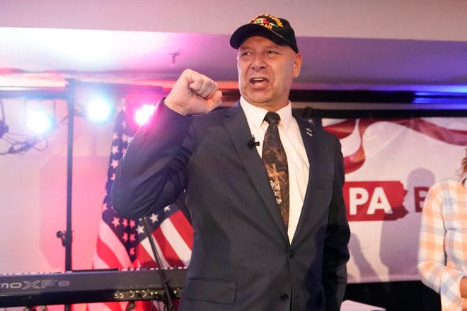 State Sen. Doug Mastriano, R-Franklin, a Republican candidate for Governor of Pennsylvania, takes part in a primary night election gathering in Chambersburg, Pa., Tuesday, May 17, 2022.
