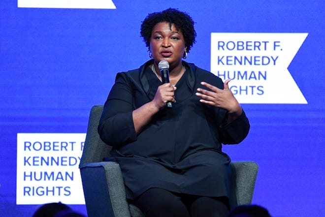 2021 Ripple of Hope award recipient Stacey Abrams speaks at the Robert F. Kennedy Human Rights Ripple of Hope Award Gala at New York Hilton Midtown on Dec. 9.