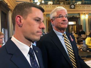 Then-House speaker Lee Chatfield, left, here with Mike Shirkey in May 2019, privately told then-President Donald Trump there was no "mass fraud with the voting machines" in Antrim County, according to a new book on the 2020 election.