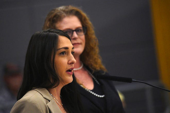 Washoe County Government Affairs Manager Jaime Rodriguez, left, and Assistant Registrar of Voters Heather Carmen speak during a county Board of Commissioners meeting called in Reno, Nev., on Friday, June 24, 2022, to certify the vote of the June 14, 2022, primary.