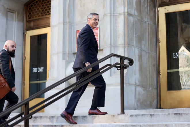 Georgia Secretary of State Brad Raffensperger enters the Fulton County Courthouse Thursday, June 2, 2022, in Atlanta.