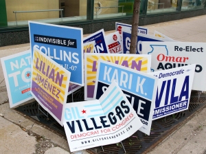 Campaign signs on a sidewalk in Illinois