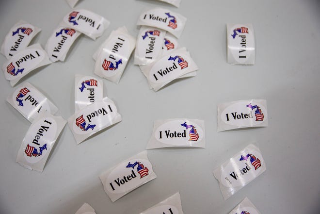 The classic I voted sticker awaits voters after they submit their ballots for Holland's city election Tuesday, Nov. 2, 2021, at Holland Heights Christian Reformed Church.