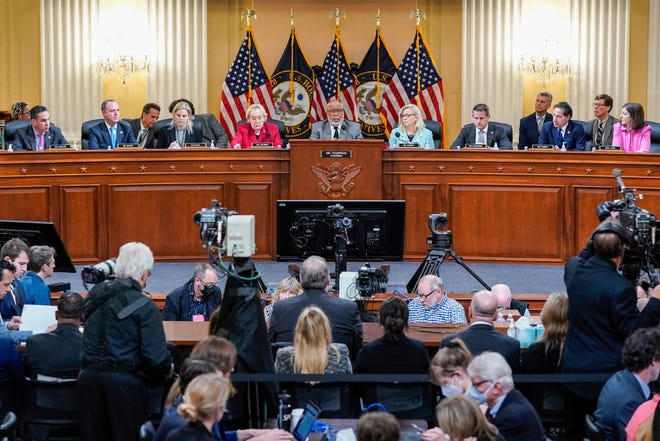 From left, Rep. Pete Aguilar, D-Calif., Rep. Adam Schiff, D-Calif., Rep. Zoe Lofgren, D-Calif., Chairman Bennie Thompson, D-Miss., Vice Chair Liz Cheney, R-Wyo., Rep. Adam Kinzinger, R-Ill., Rep. Jamie Raskin, D-Md., and Rep. Elaine Luria, D-Va., sit on the dais as the House select committee investigating the Jan. 6 attack on the U.S. Capitol continues, Monday, June 13, 2022 on Capitol Hill in Washington.
