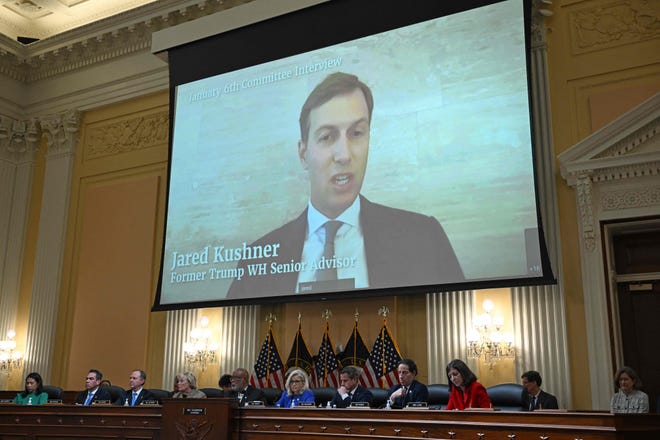 Former Senior Advisor to former US President Donald Trump, Jared Kushner appears on screen during a House Select Committee hearing to Investigate the January 6th Attack on the US Capitol, in the Cannon House Office Building on Capitol Hill in Washington, DC on June 9, 2022.