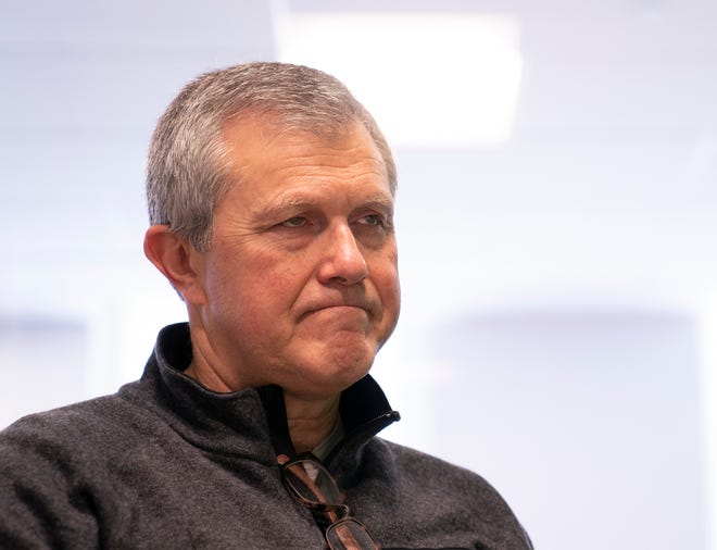 Kevin Rinke, a local auto dealer millionaire is among the candidates seeking the Republican nomination for Michigan governor visits the Detroit Free Press on Feb. 4, 2022, for an interview. Rinke was joined by his campaign manager Marshall Moreau.