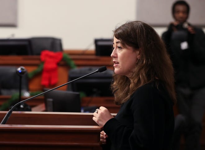 Cara Tobe, of the 490 Project, addressed the Metro Council to voice her opposition to the FOP contract being voted on in council chambers in Louisville, Ky. on Dec. 16, 2021. To her dismay, the contract was approved by a vote of 20-3.