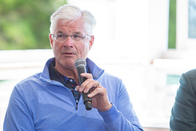 Mike Shirkey, Senate Majority Leader, addresses the media during a press conference with other legislative leaders announcing a partnership between the State of Michigan and Ford Motor Company at Grand Hotel Thursday morning, June 2, 2022.
