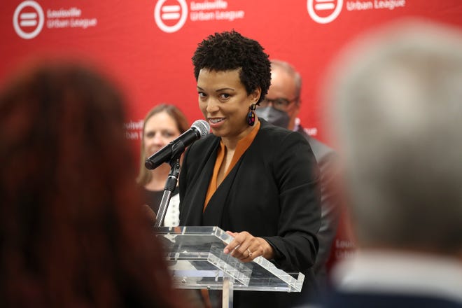 New Louisville Urban League president Kish Cumi Price speaks to a crowd during her announcement