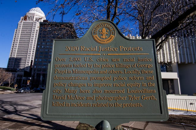 A memorial marker at Louisville's Jefferson Square Park recognizing the 2020 racial justice protests along with Breonna Taylor, David McAtee and Tyler Gerth. Dec. 28, 2022