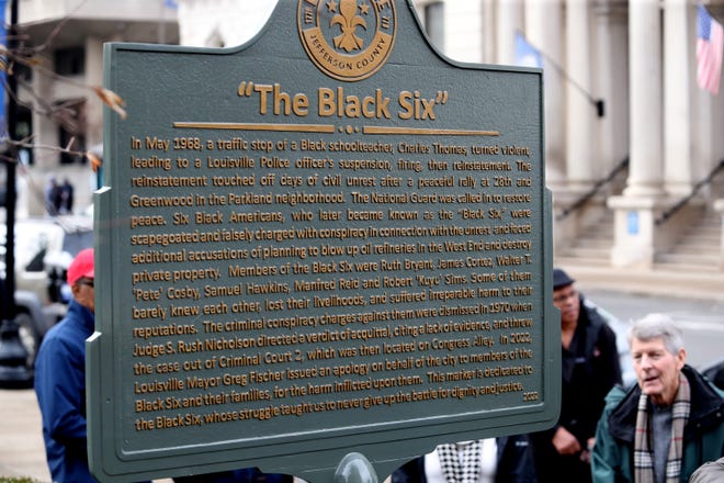 The unveiling of a historical marker in honor of the Louisville Black Six. A group of business people and activists falsely accused in 1968 of plotting to destroy buildings in the West End.