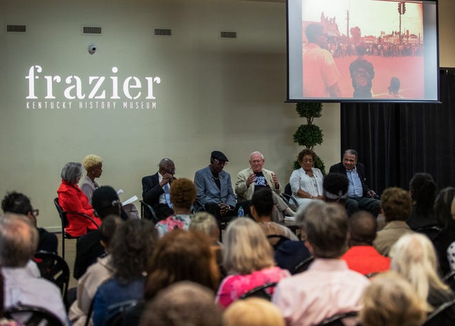 Audeince members listen to a panel conversation at the Frazier History Museum in Louisville on May 24, 2022. The conversation was about the Black Six, which refers to six African-Americans who were prosecuted for conspiracy charges after a rebellion in the Parkland neighborhood.
