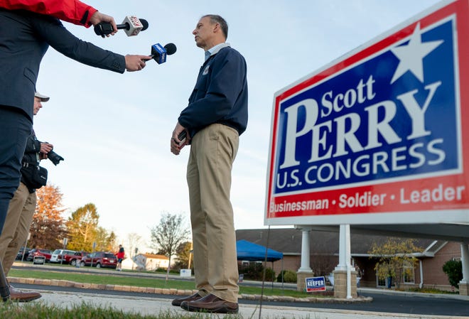Congressman Scott Perry (PA-10th District) voting alongside others at Monaghan Presbyterian Church in Dillsburg on Nov. 8, 2022.