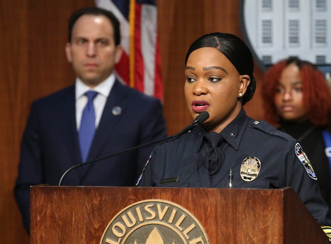 Interim LMPD Chief Jacquelyn Gwinn-Villaroel speaks during a press conference to announce that the department will begin removing the firing pins from weapons used in crimes.