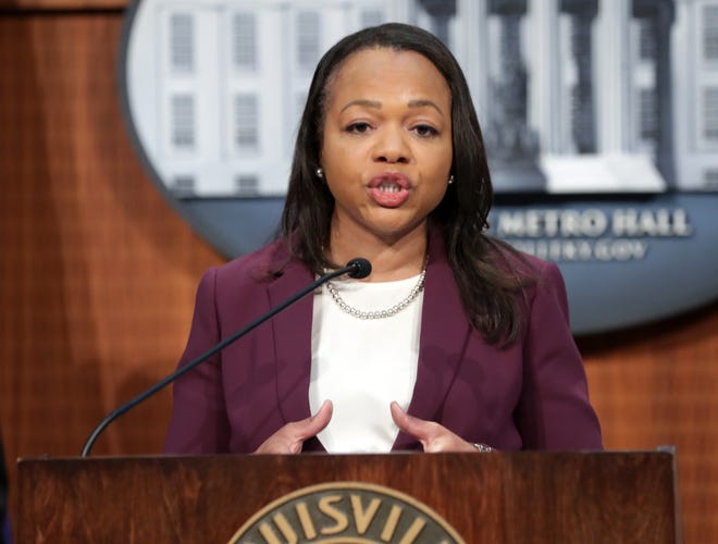Kristen Clarke, assistant attorney general for civil rights, speaks at a press conference where the Department of Justice delivered findings on the investigation of the Louisville Metro Police Department and Louisville Metro Government, at Louisville Metro Hall on Wednesday, March 8, 2023.