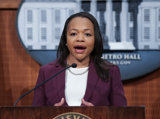 Assistant Attorney Kristen Clarke made remarks as the Department of Justice announced the findings of a sweeping investigation of the Louisville Metro Police Department at Metro Hall in Louisville, Ky. on Mar. 8, 2023. The report was the result of a nearly two-year probe following the killing of Breonna Taylor.