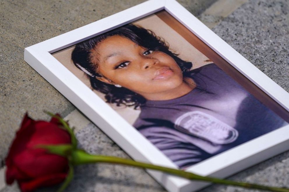 PHOTO: A photo of Breonna Taylor is seen among other photos of women who have lost their lives as a result of violence during the 2nd Annual Defend Black Women March in Black Lives Matter Plaza, July 30, 2022, in Washington, D.C.