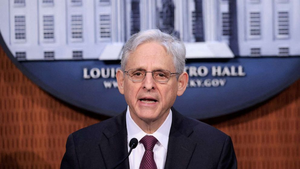PHOTO: Attorney General Merrick Garland speaks during a press conference on the Justice Departments findings of the civil rights investigation into the Louisville Metro Police Department and Louisville Metro Government, March 8, 2023, in Louisville, Ky.
